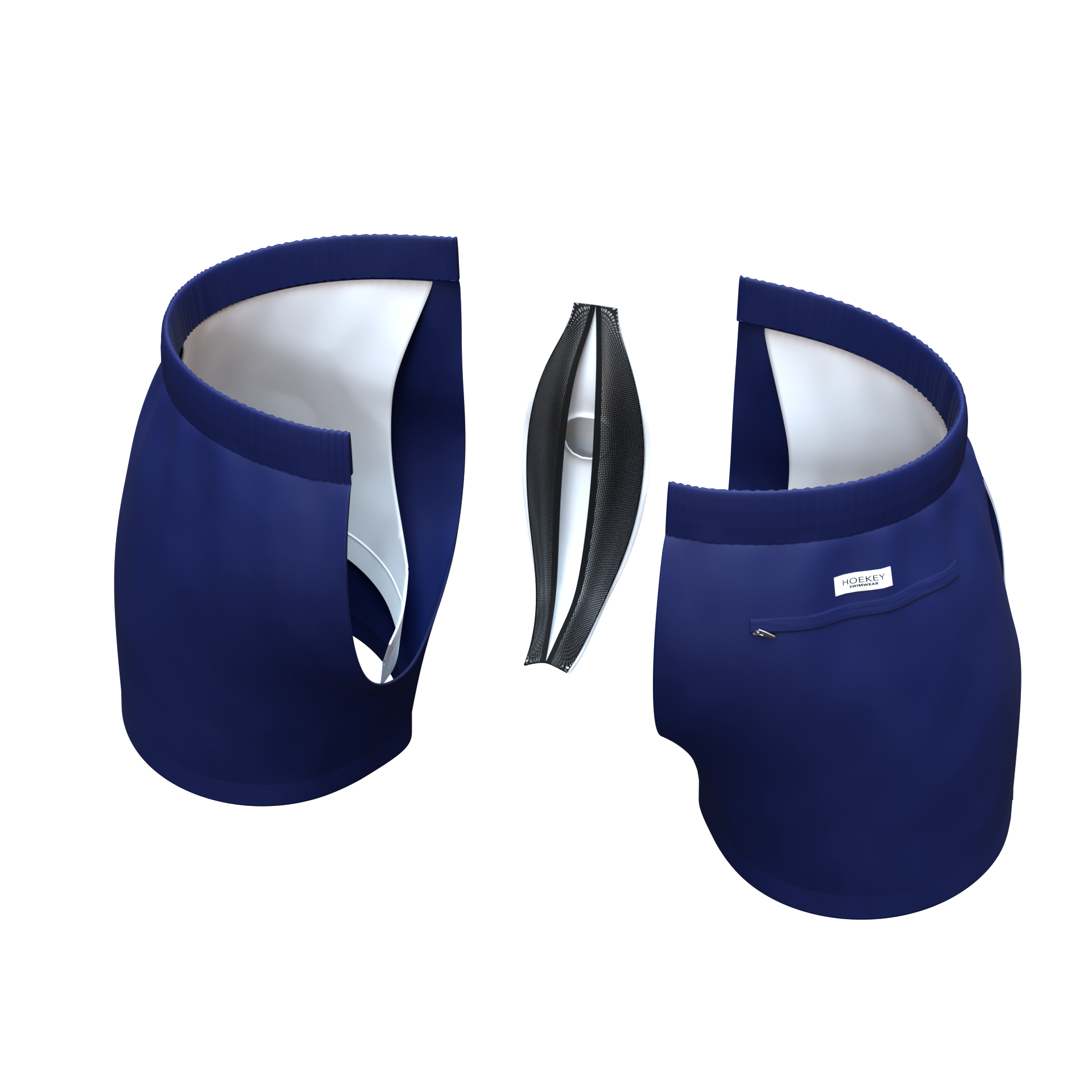 Hoekey navy men’s swim shorts with built-in mesh lining, back zip pocket, and premium quick-dry fabric for comfort and durability.