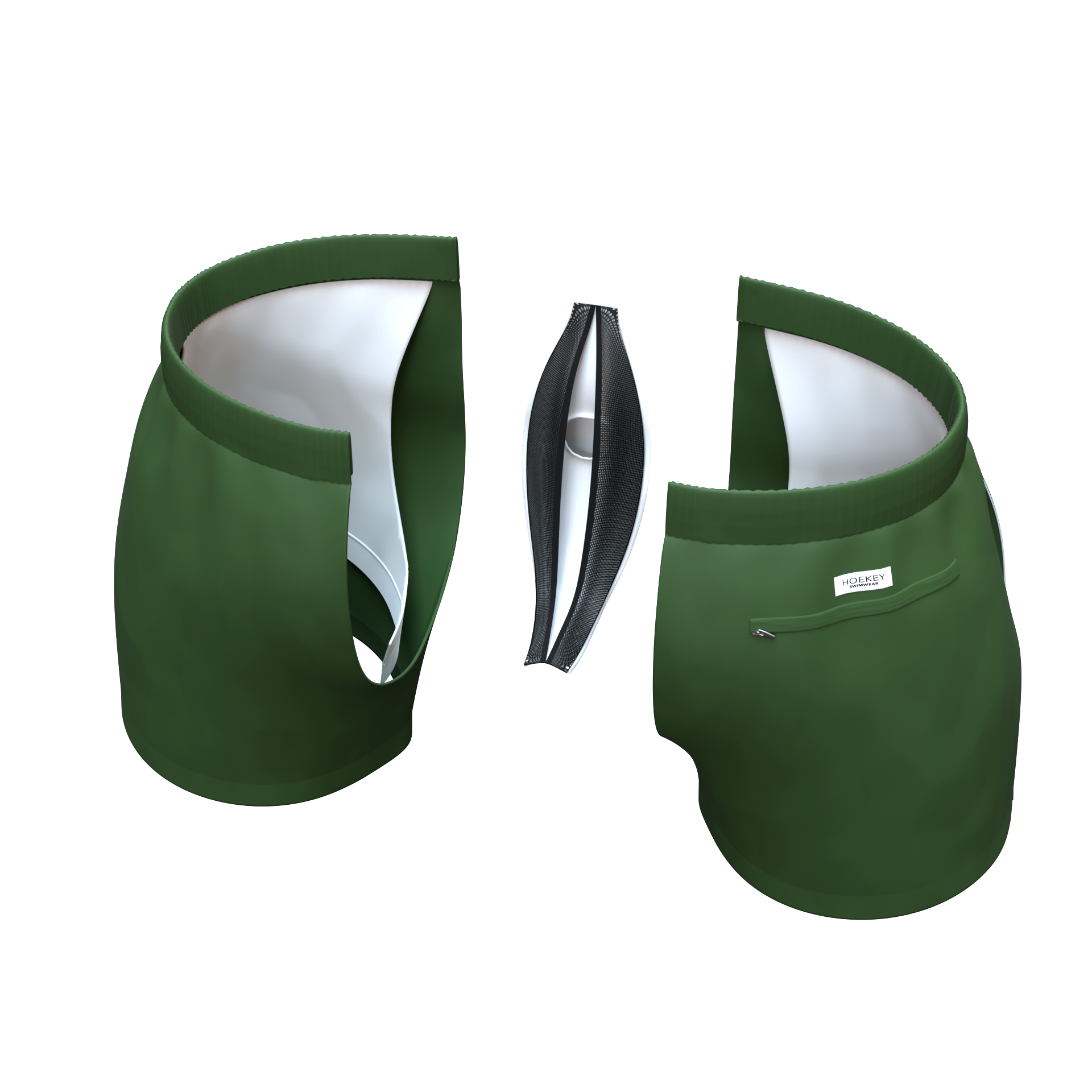 Hoekey olive green men’s swim shorts flat-lay render with quick-dry fabric, elastic waistband, breathable mesh lining, and back zippered pocket with logo detail.