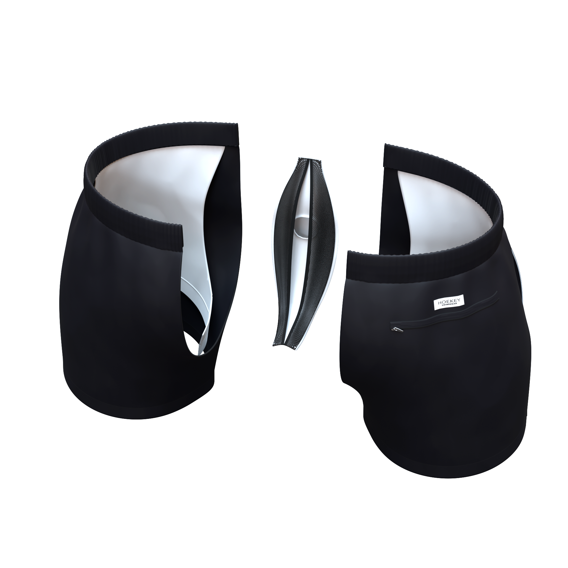 Hoekey men’s black swim shorts with built-in compression liner, quick-dry stretch fabric, and a secure back zip pocket.