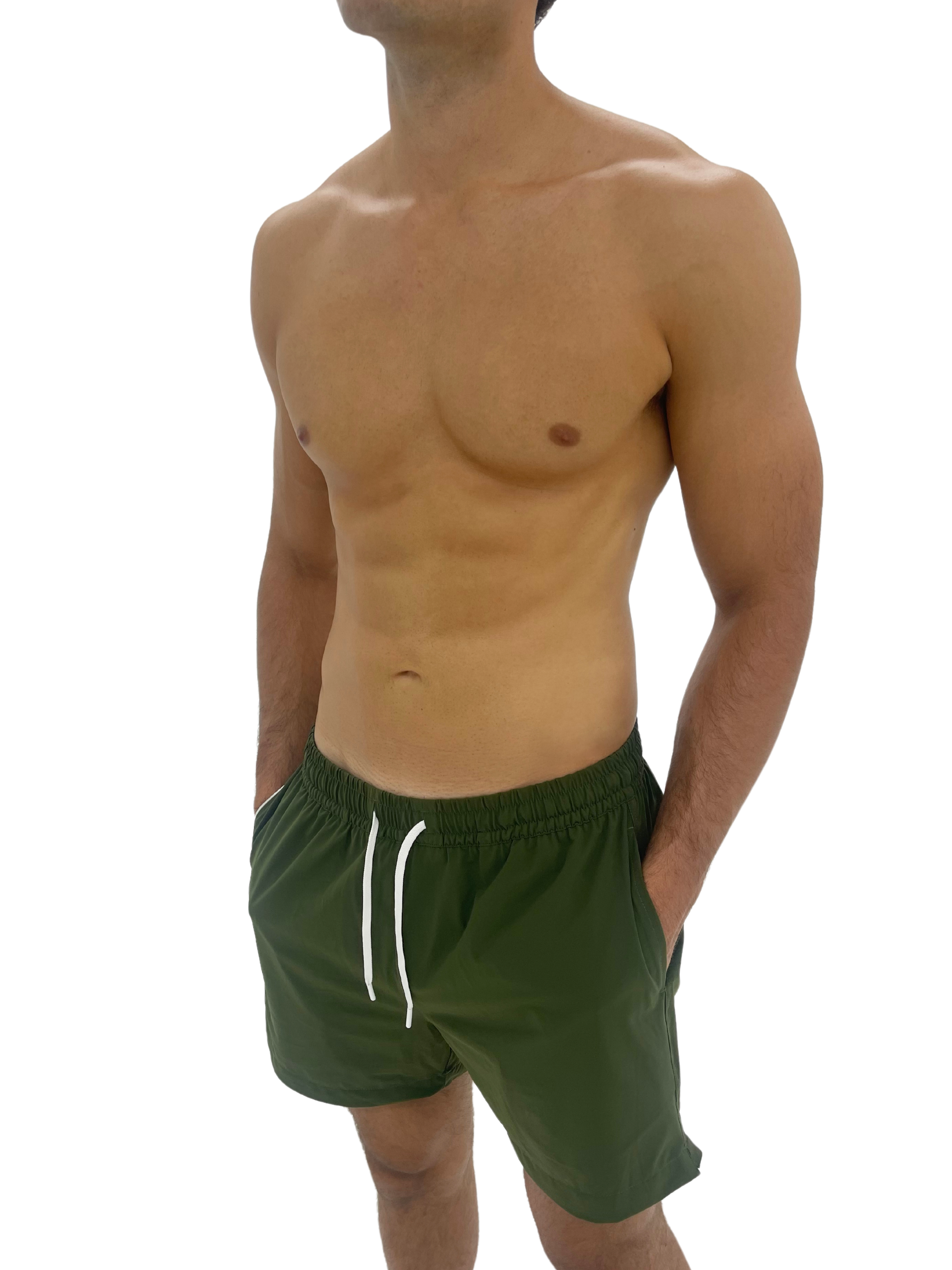 Hoekey olive green men’s swim shorts with quick-dry fabric, white adjustable drawstring, and practical side pockets for everyday wear and beach style.