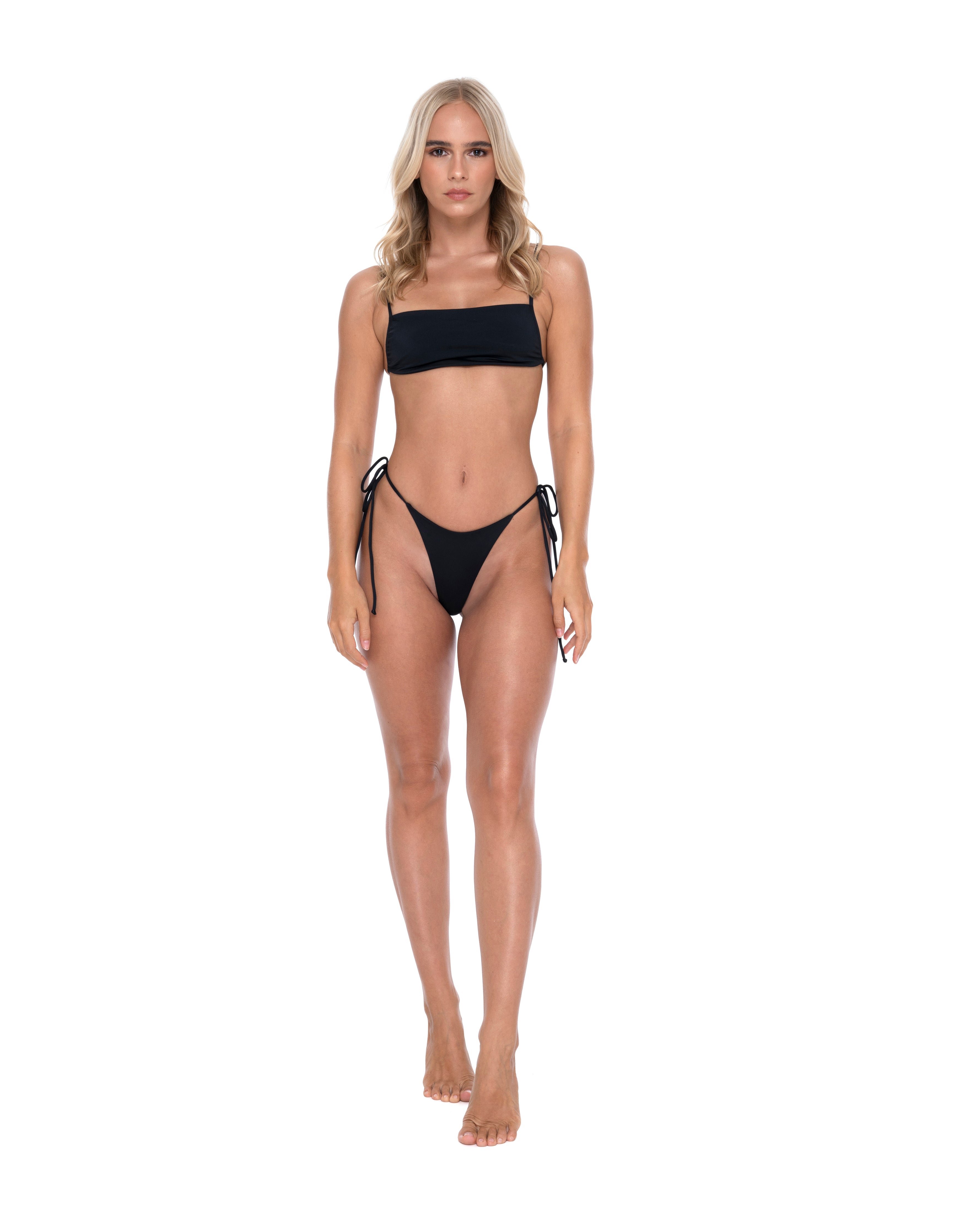 Hoekey black bandeau bikini front view with strapless top and tie-side thong bottoms women’s swimwear.