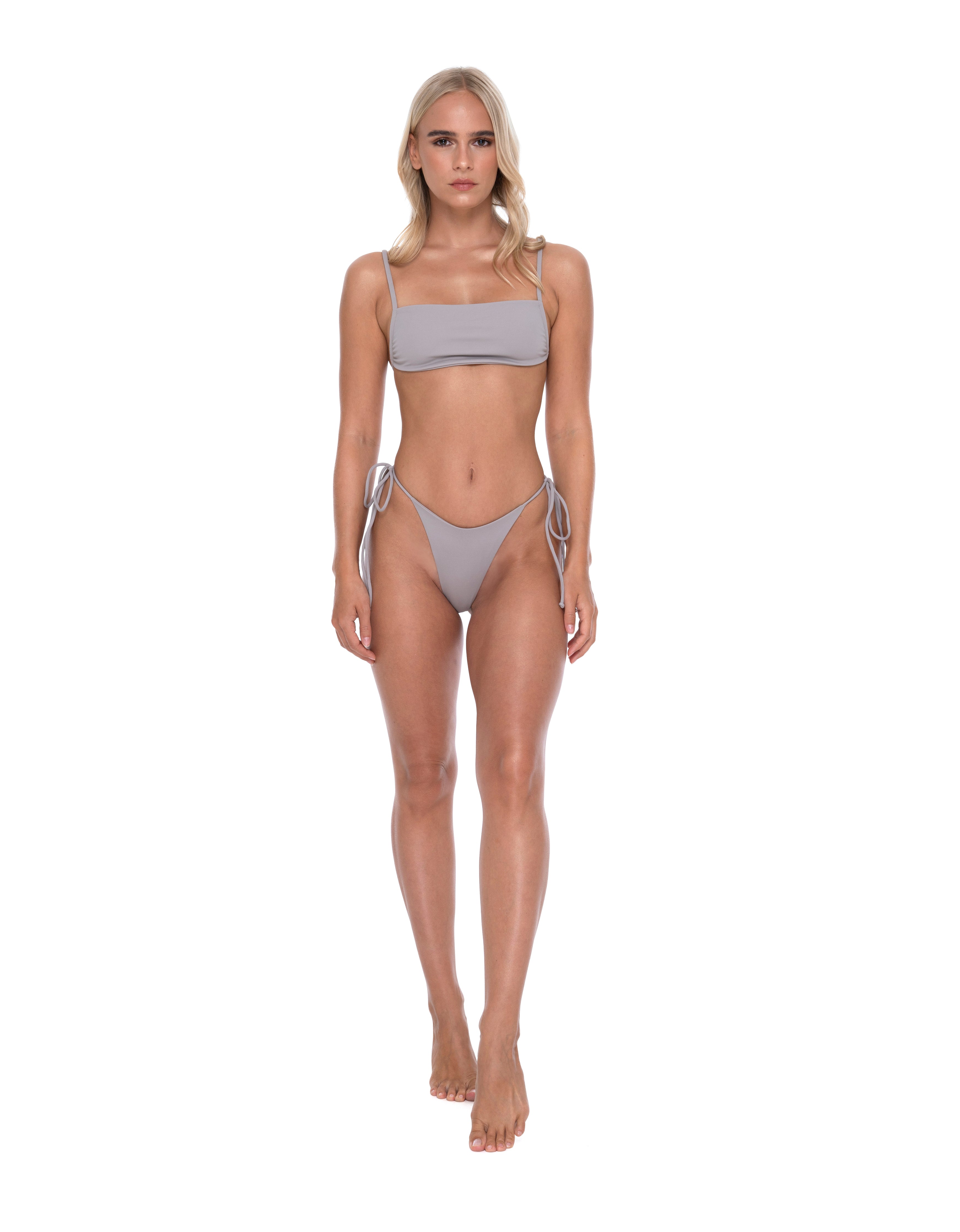 Hoekey gray bandeau bikini front view with adjustable strap top and tie-side cheeky bottoms women’s swimwear.