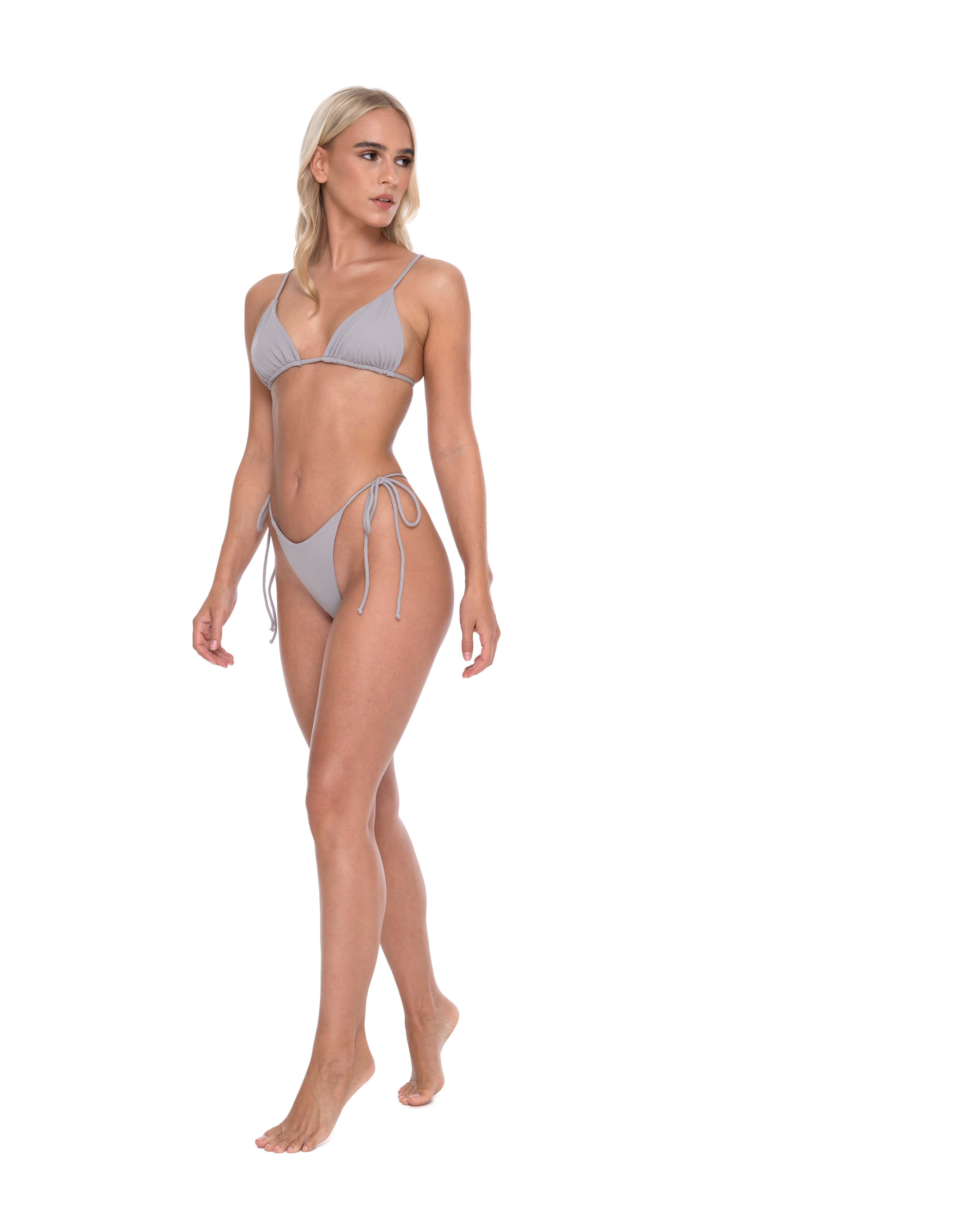 Hoekey gray bikini with adjustable triangle top and tie side bottoms women’s swimwear perfect for pool and beach style.