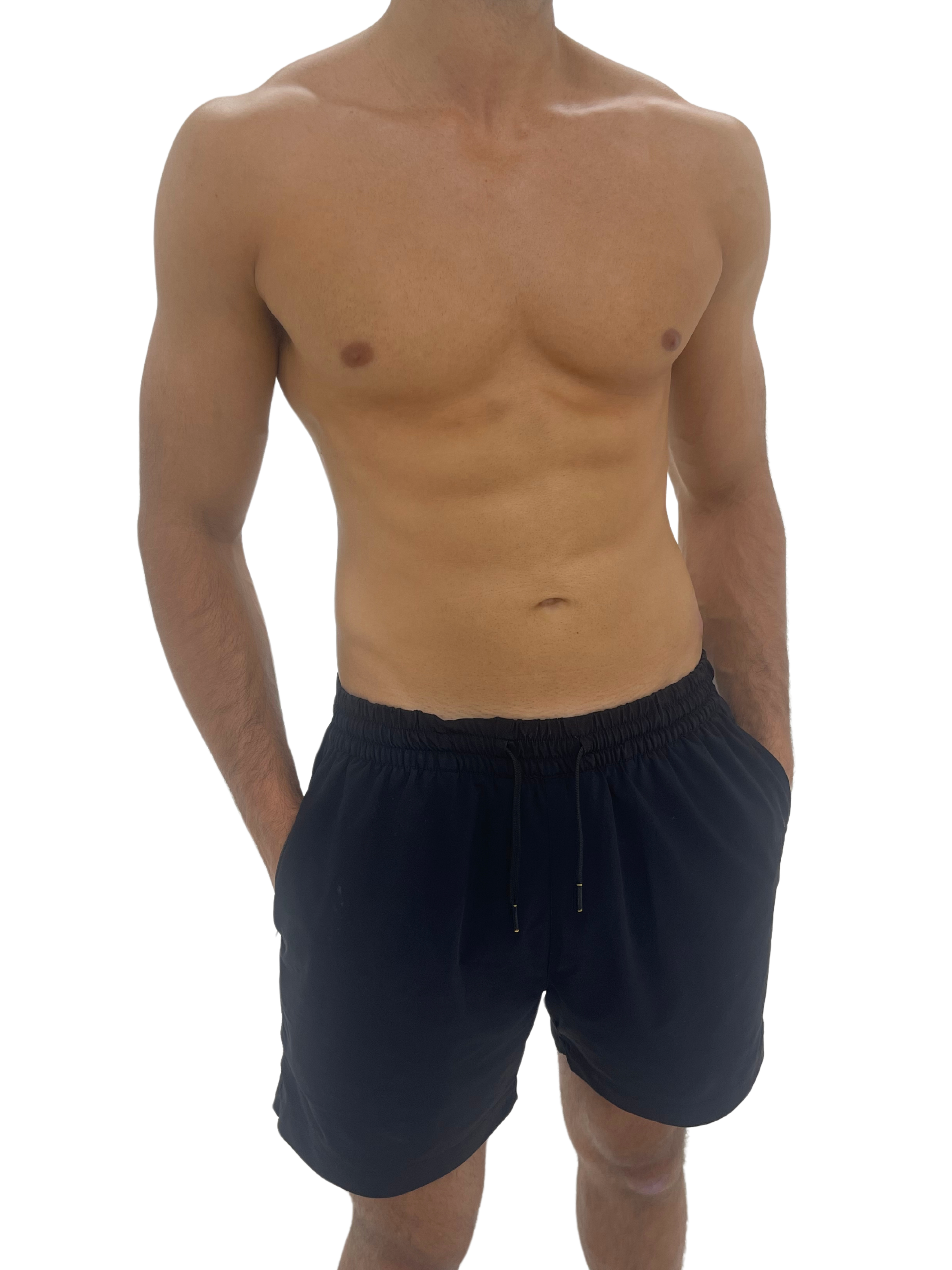 Hoekey men’s black swim shorts with drawstring waist and pockets.