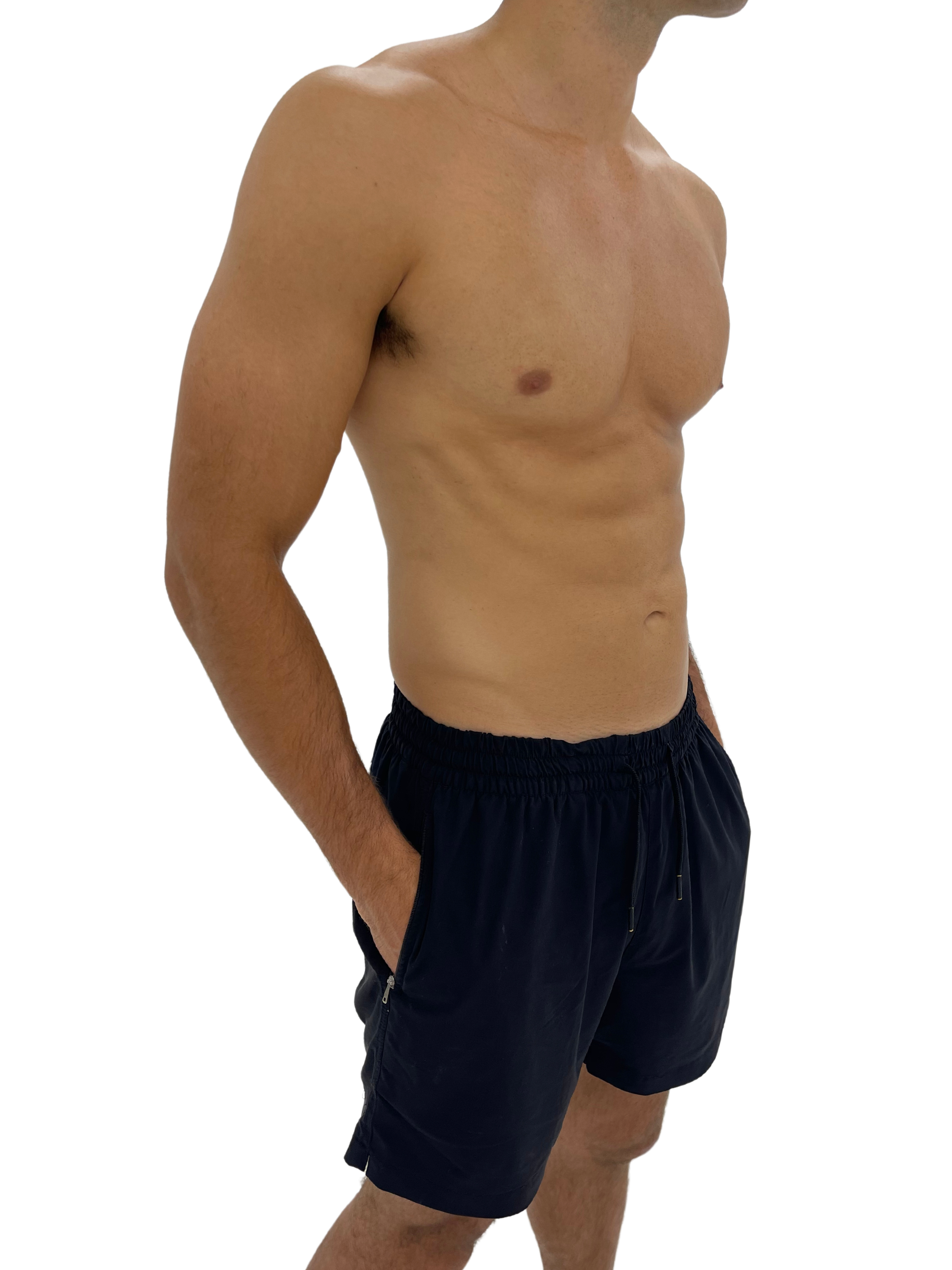 Hoekey men’s black swim shorts with zippered side pockets and adjustable drawstring.