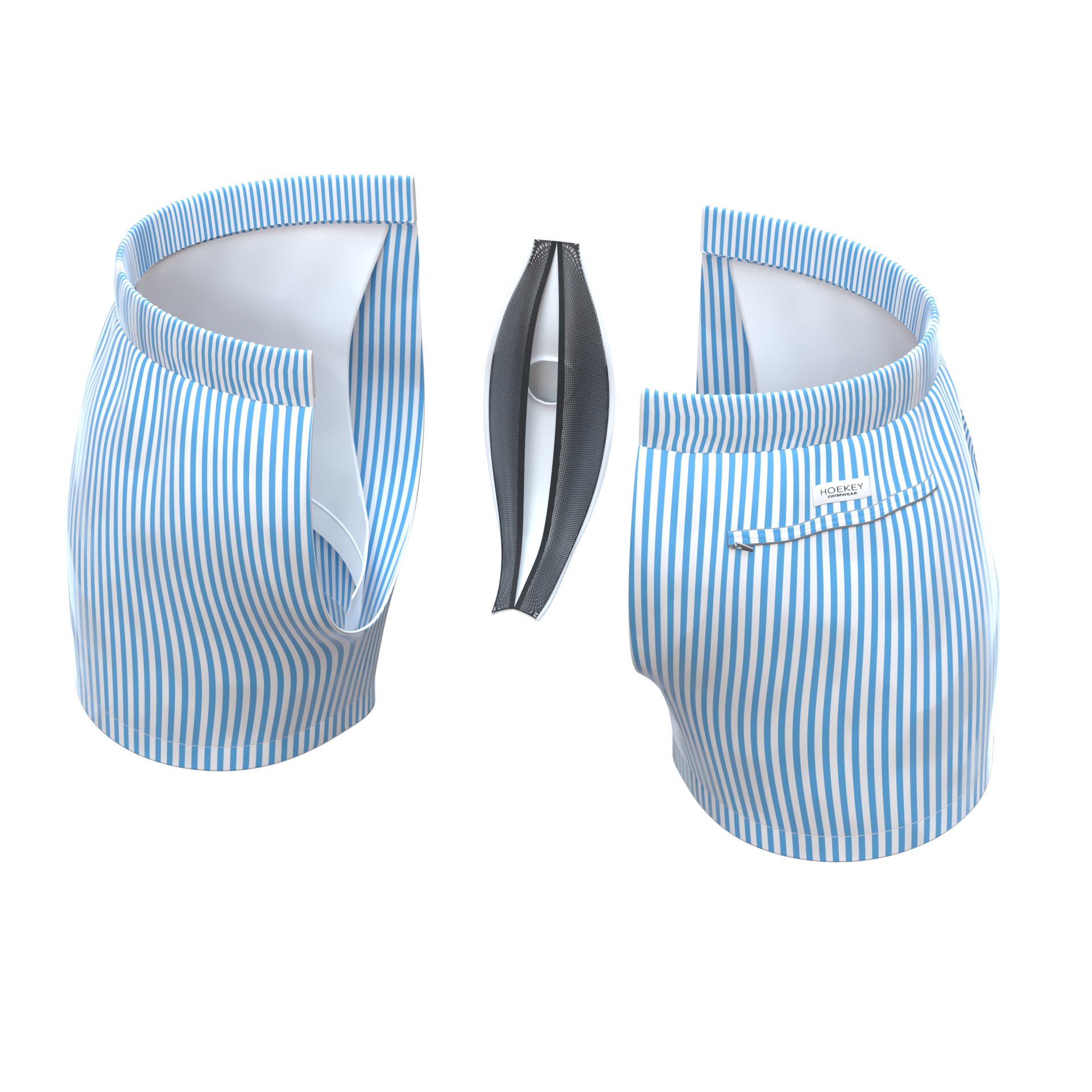Hoekey blue and white striped men’s swim shorts mockup showcasing quick-dry fabric, elastic waistband, mesh lining, and secure back zippered pocket with logo detail.
