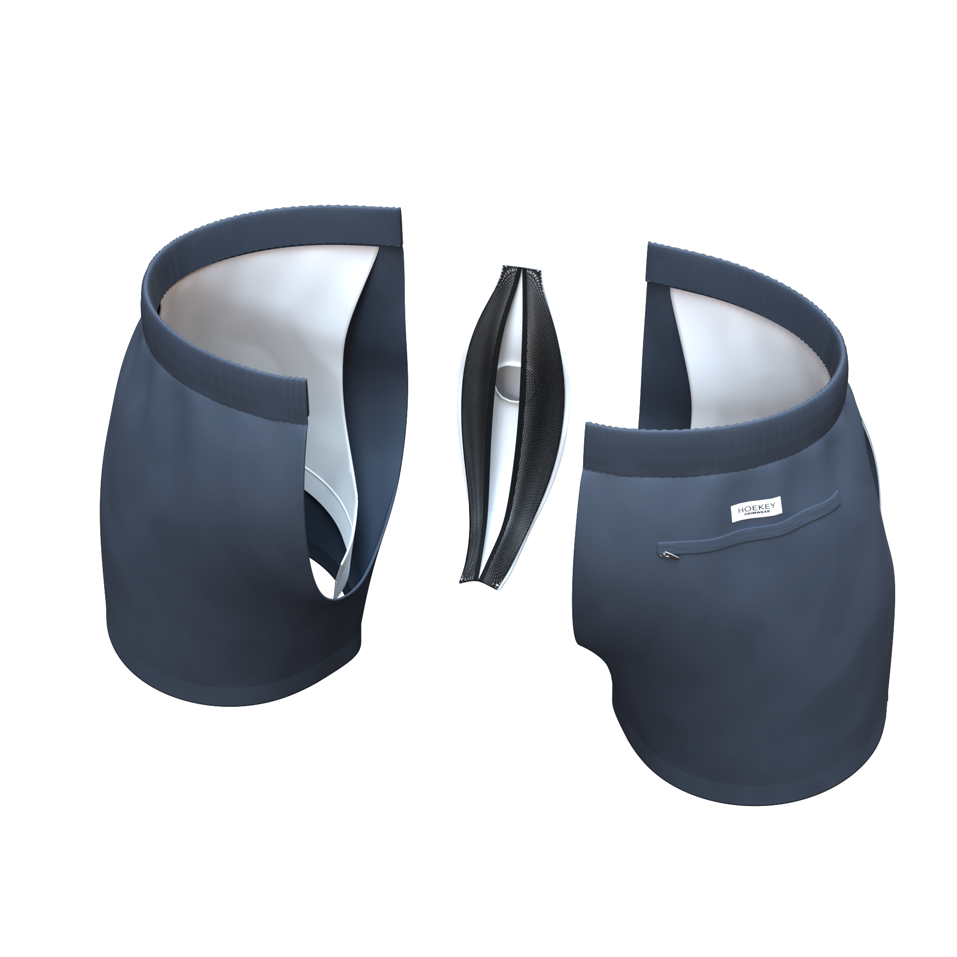 Hoekey gray men’s swim shorts 3D render displaying inner mesh lining, elastic waistband, and back zip pocket with branded logo for functional and stylish swimwear design.