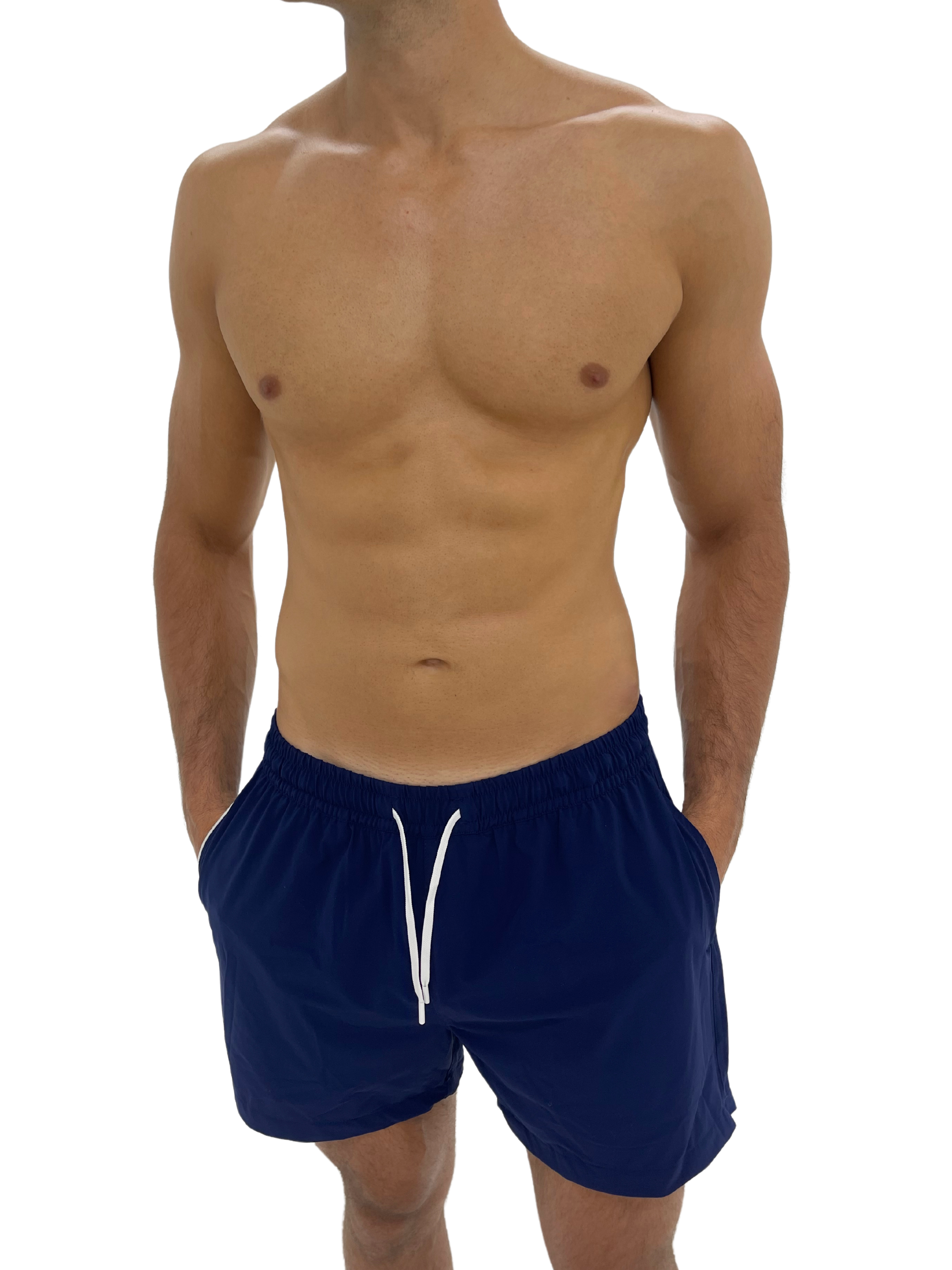 Hoekey men’s navy swim shorts with built-in compression liner, quick-dry stretch fabric, and a secure back zip pocket.