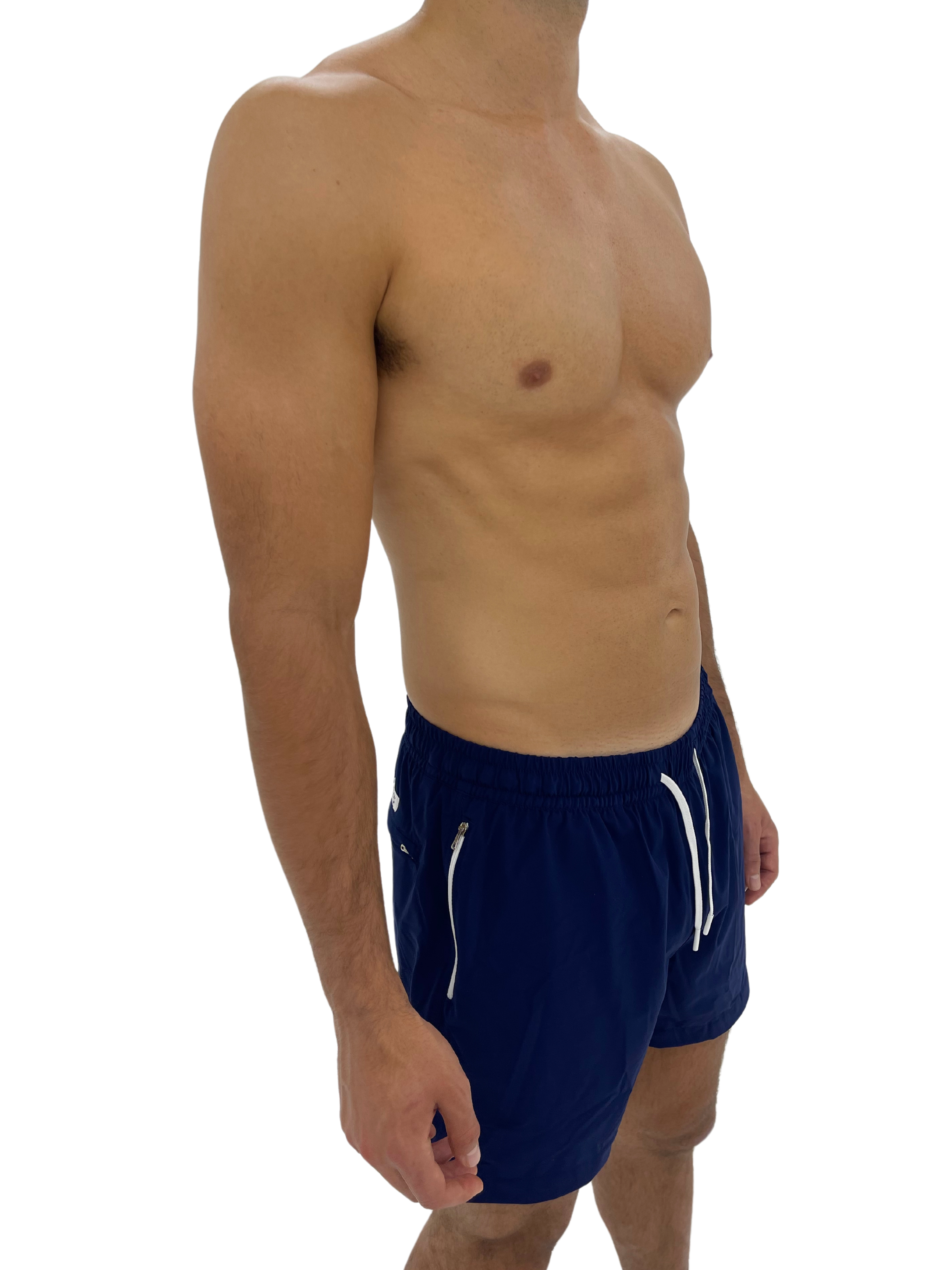 Hoekey men’s navy swim shorts featuring quick-dry stretch fabric, secure zippered pockets, and a built-in compression liner for comfort.
