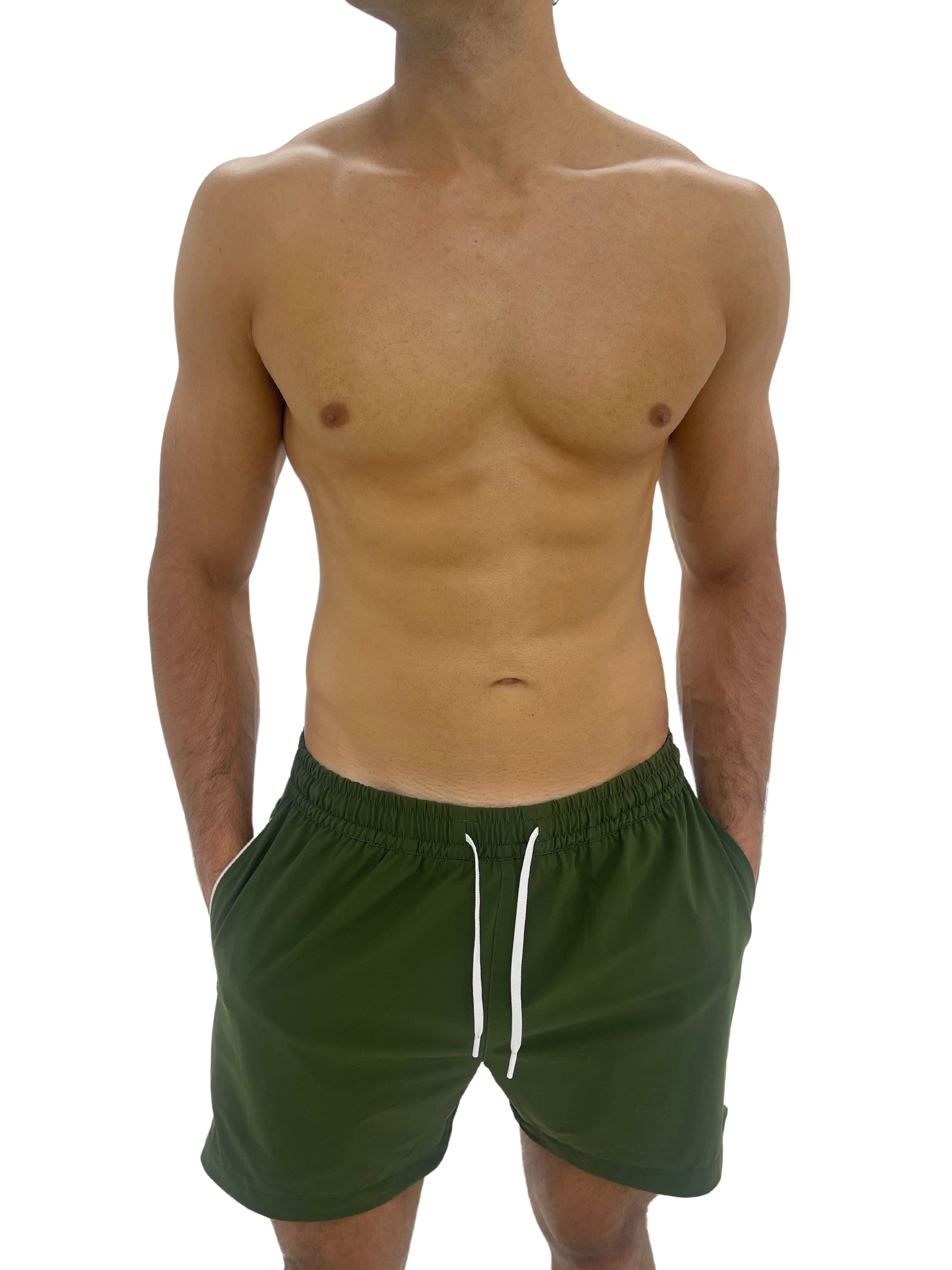 Hoekey olive green men’s swim shorts with quick-dry fabric, elastic waistband, adjustable white drawstring, and side pockets for a sleek summer look.