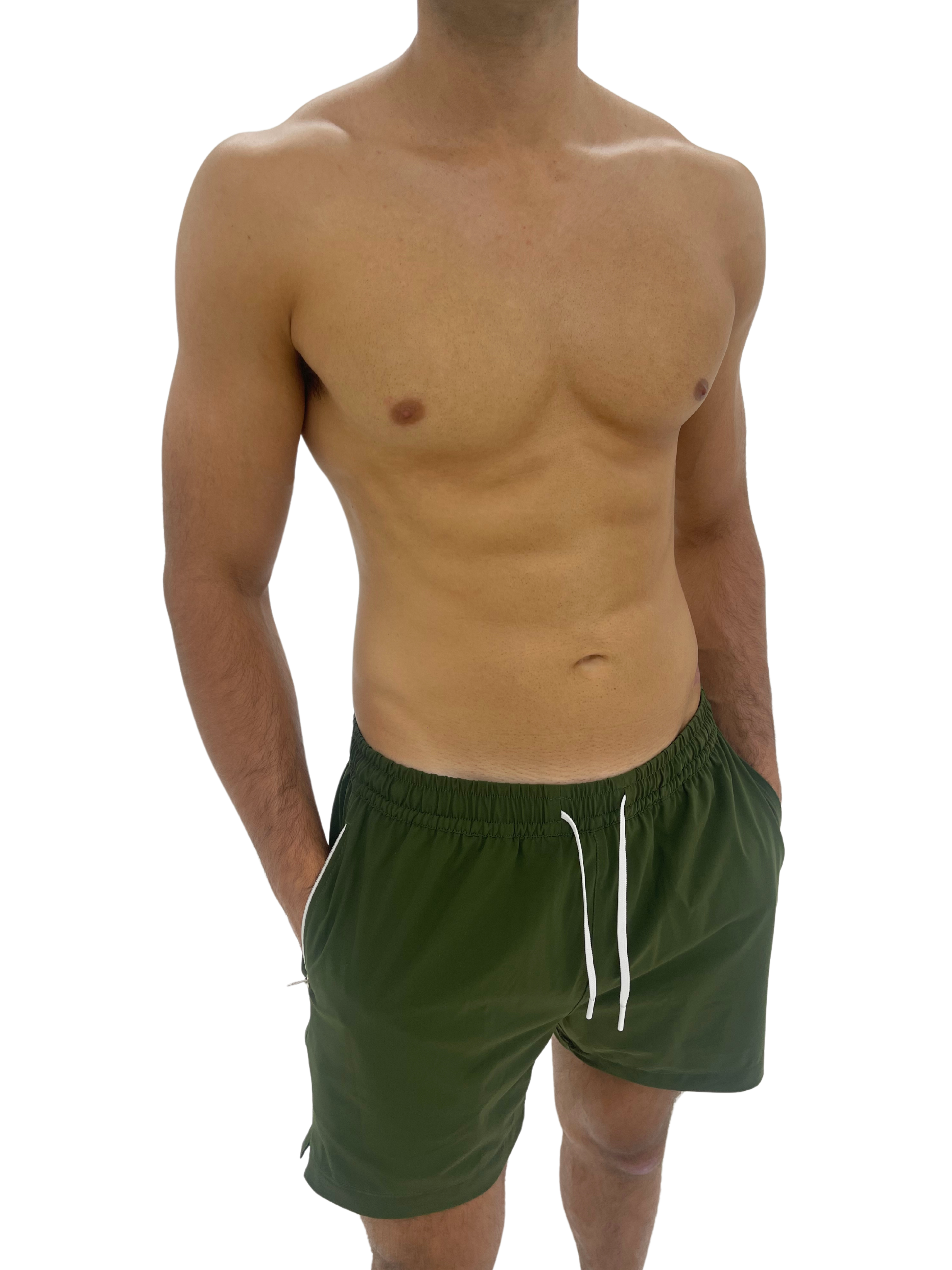 Hoekey olive green men’s swim shorts featuring quick-dry material, elastic waistband, adjustable white drawstring, and side pockets for comfort and versatility.