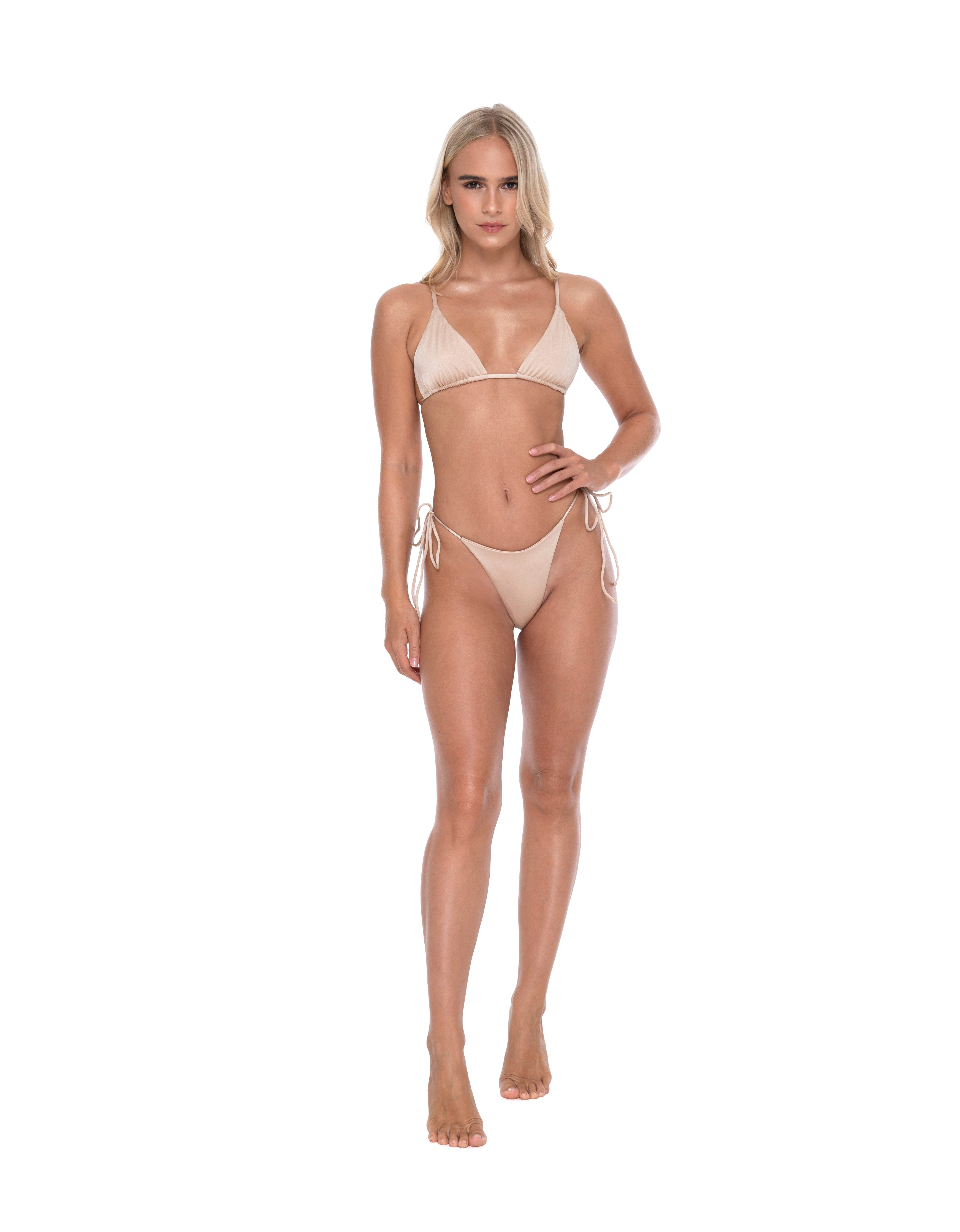 Hoekey beige triangle bikini with side tie bottoms women’s swimwear front pose.